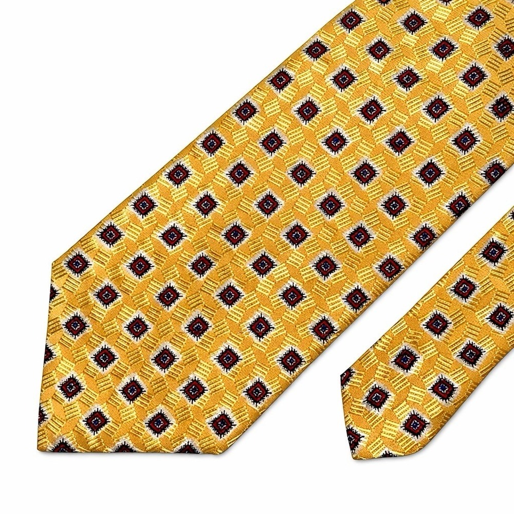 90s Polo by Ralph Lauren Tie 57x4 Silk Golden Yellow Jacquard Red Geometric USA